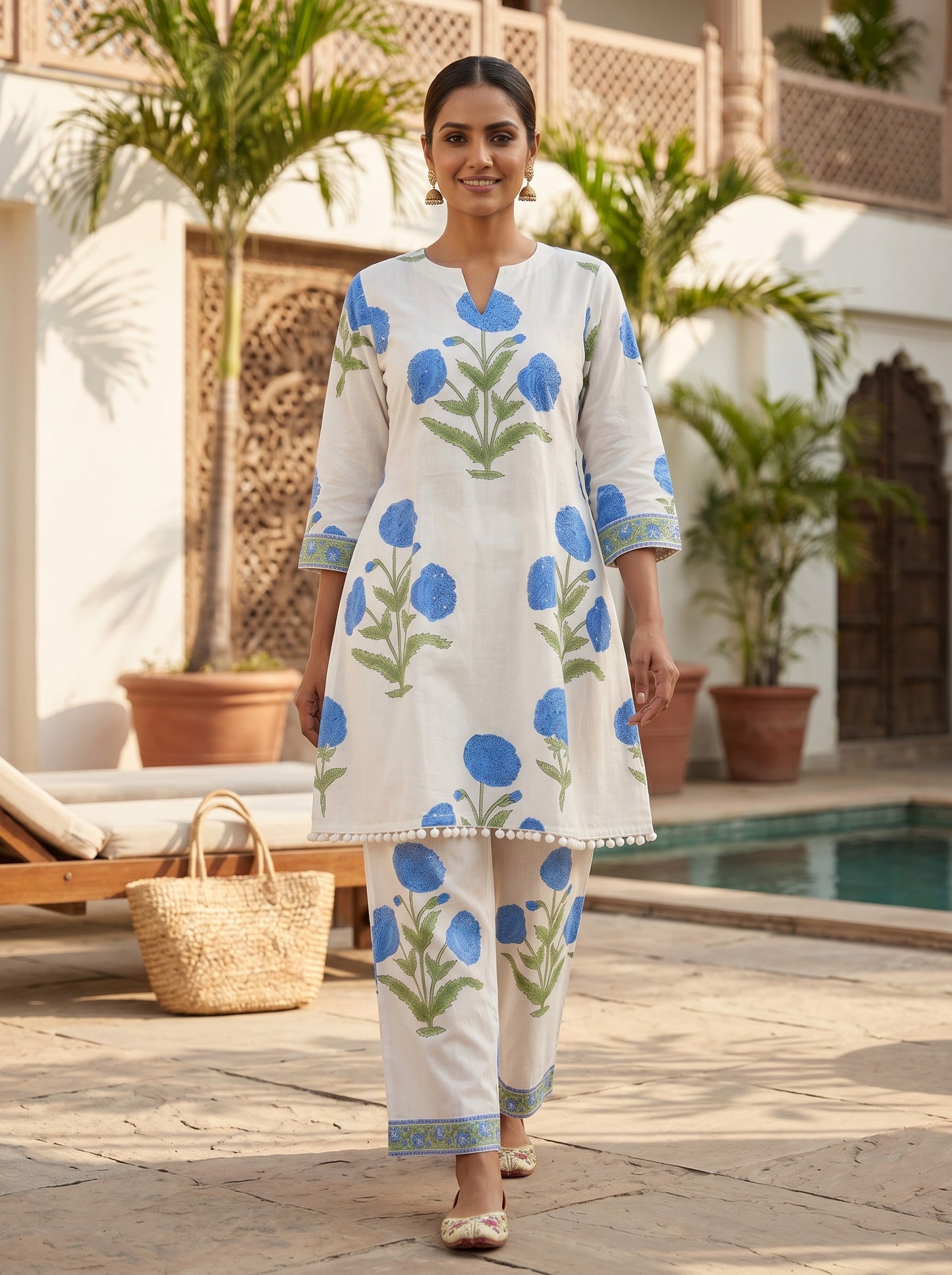 Azure Blue Bloom Ivory – Hand Block Printed Cotton Co-ord Set