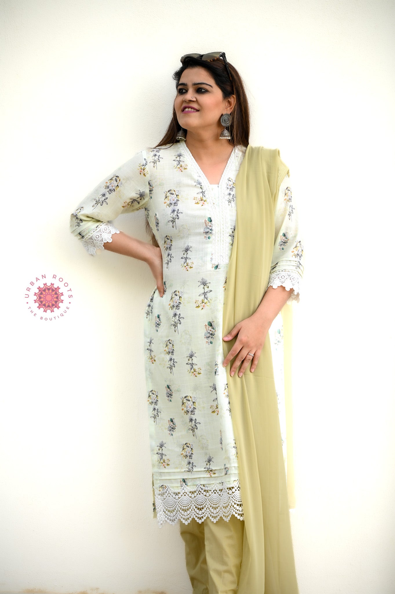 Cotton Suit With Lace Work And Straight Pants