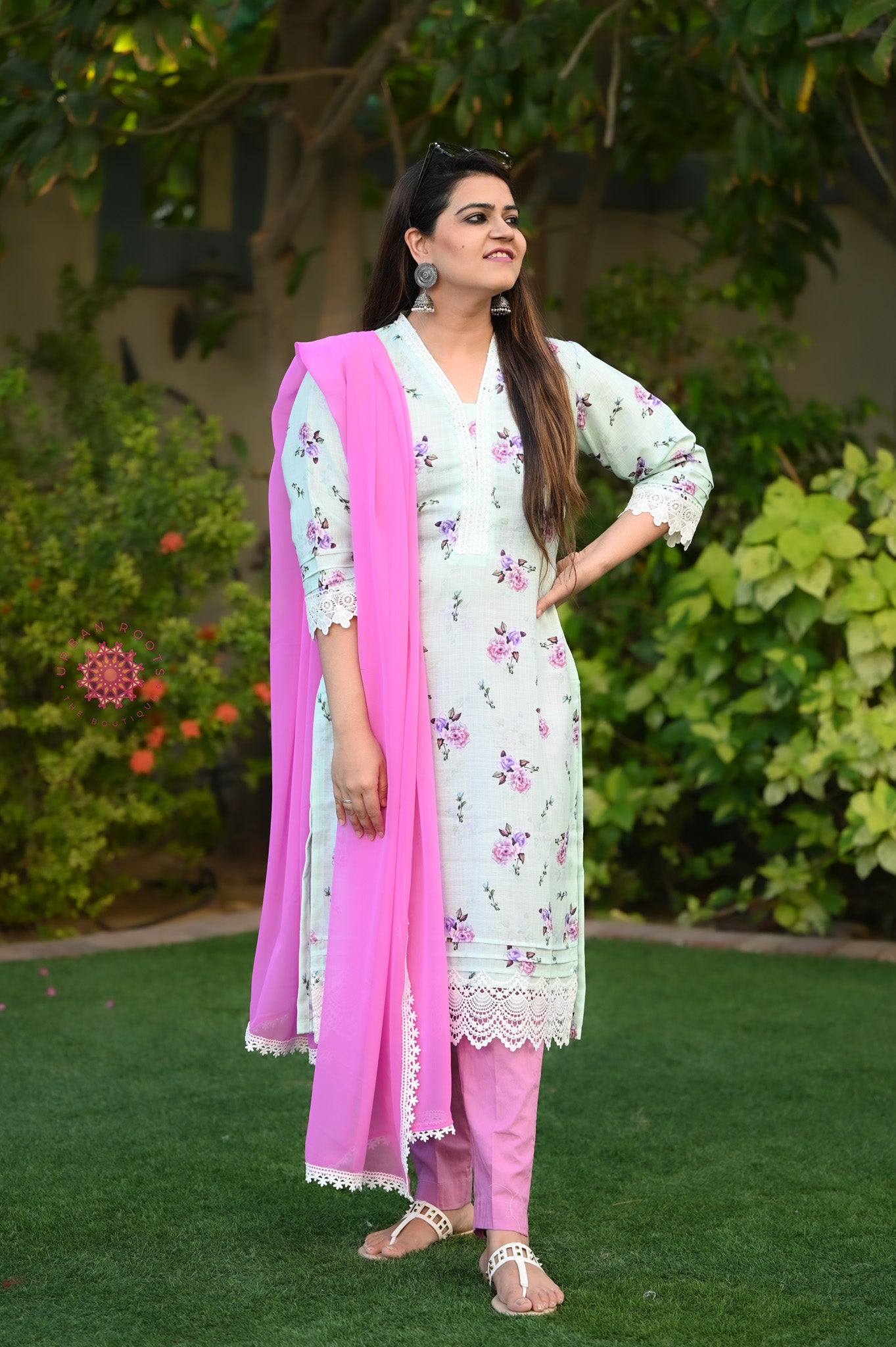 Cotton Suit With Lace Work And Straight Pants