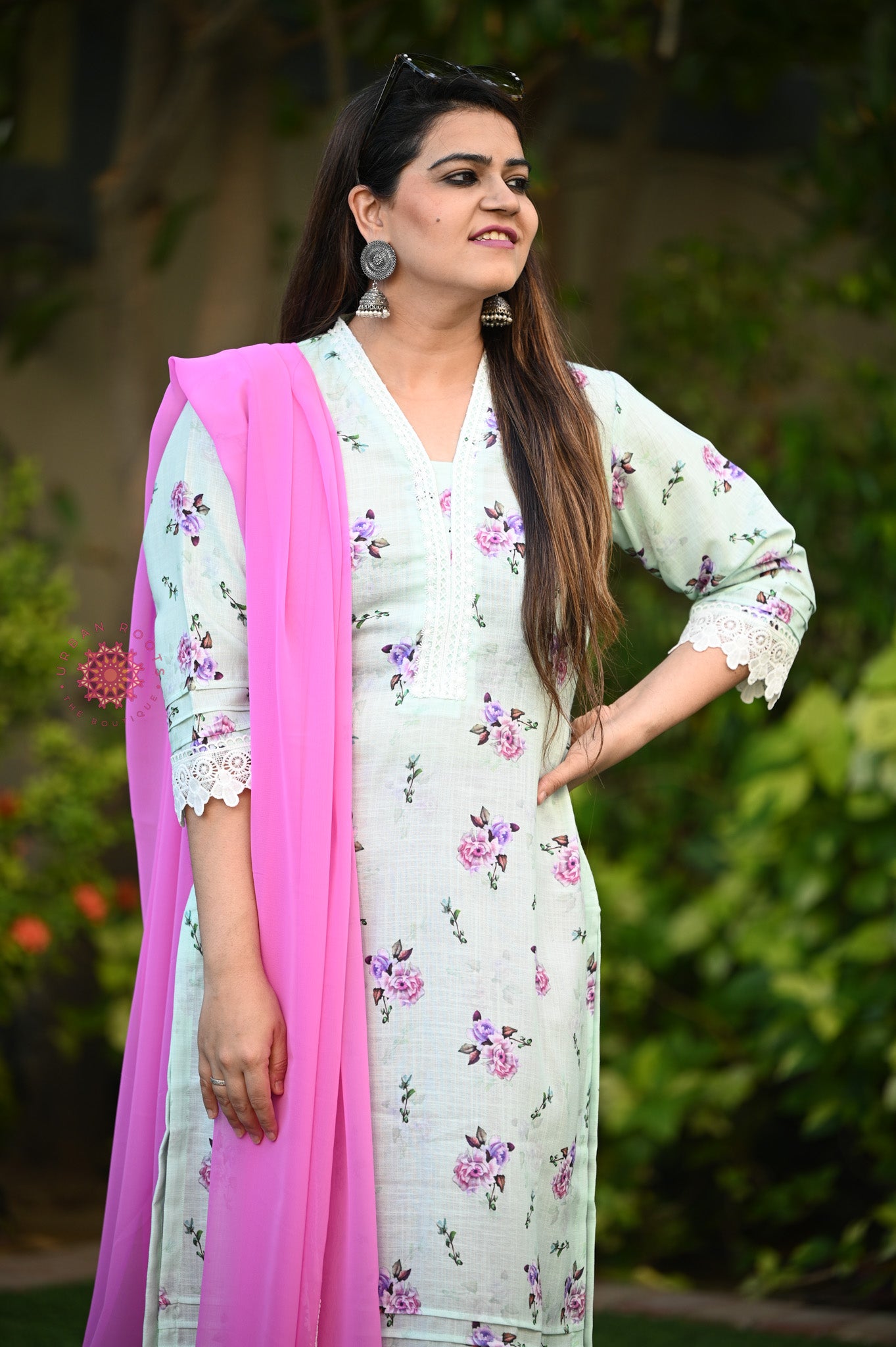 Cotton Suit With Lace Work And Straight Pants