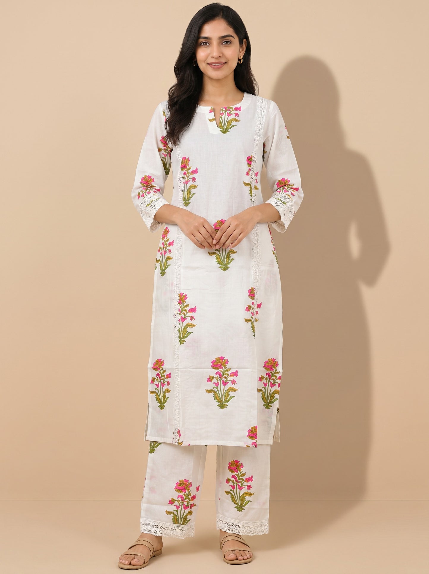Gulnaar Rose Ivory Handblock Kurta Set