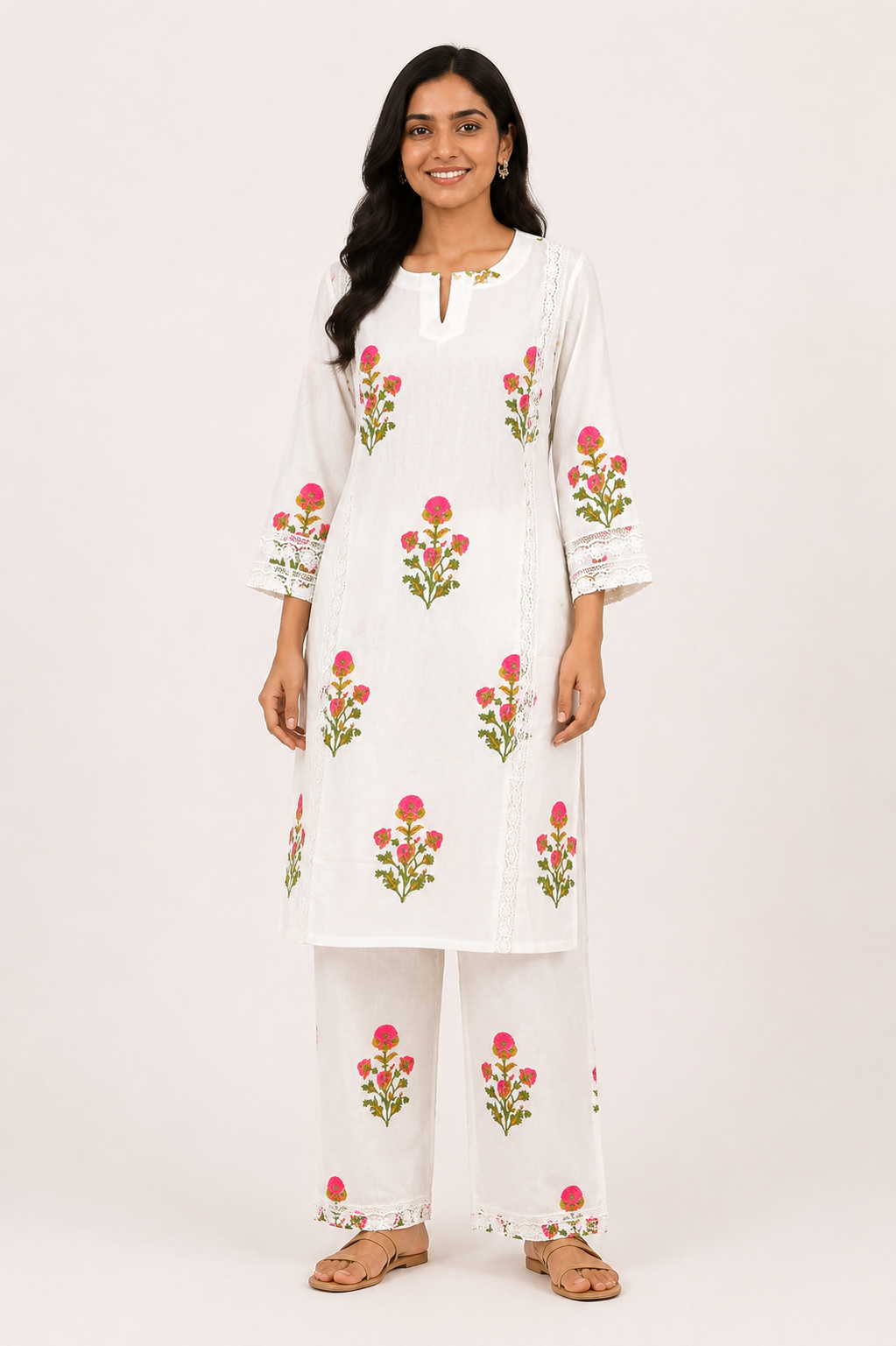 Gulnoor Ivory Handblock Kurta Set