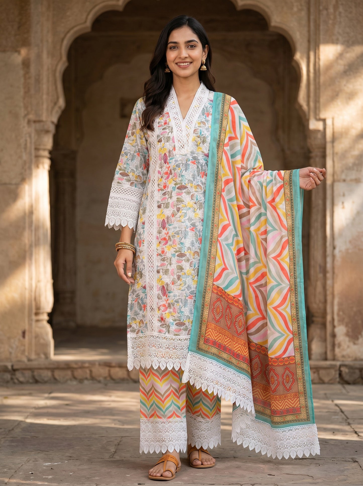 Pastel Bloom Lace Kurta Set with Chevron Dupatta
