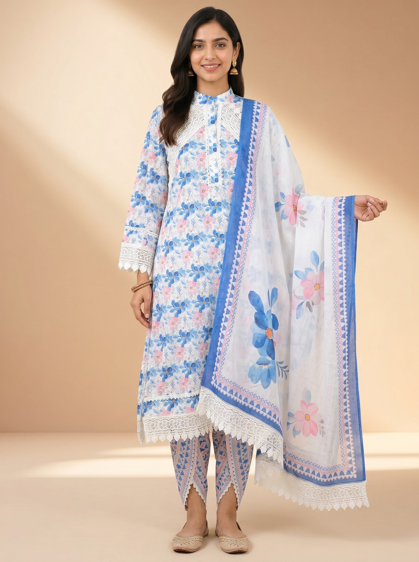 Azure Bloom Lace Kurta Set with Floral Dupatta