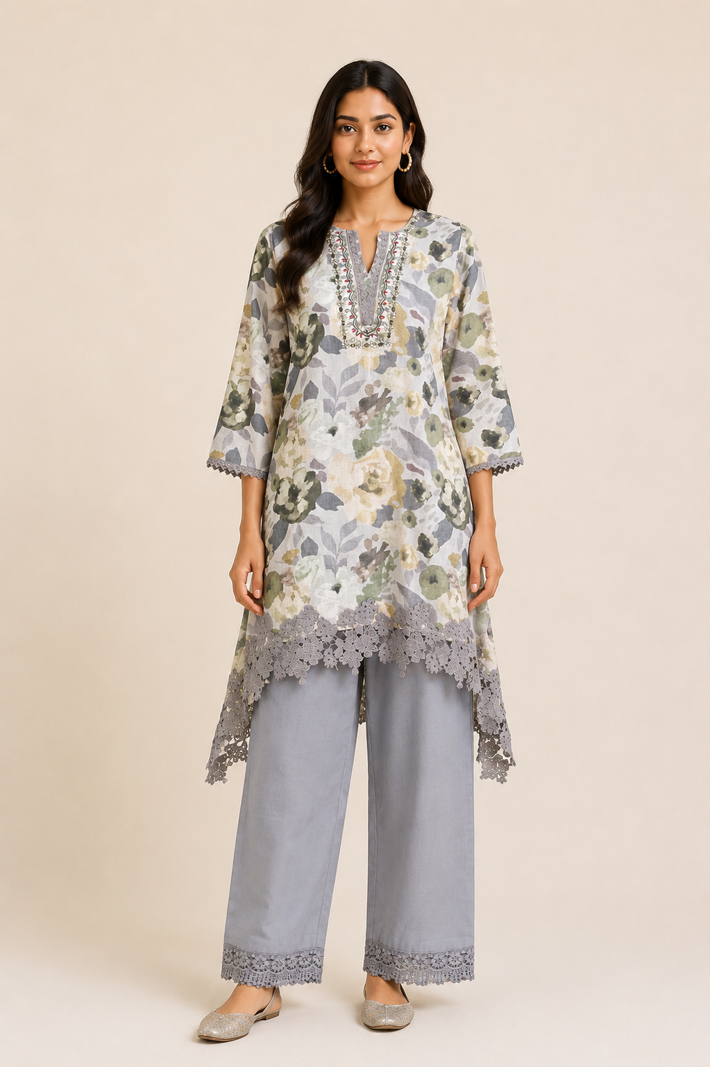 Ethereal Mist Grey Floral Couture Kurta Set with Chantilly Lace & Chiffon Dupatta