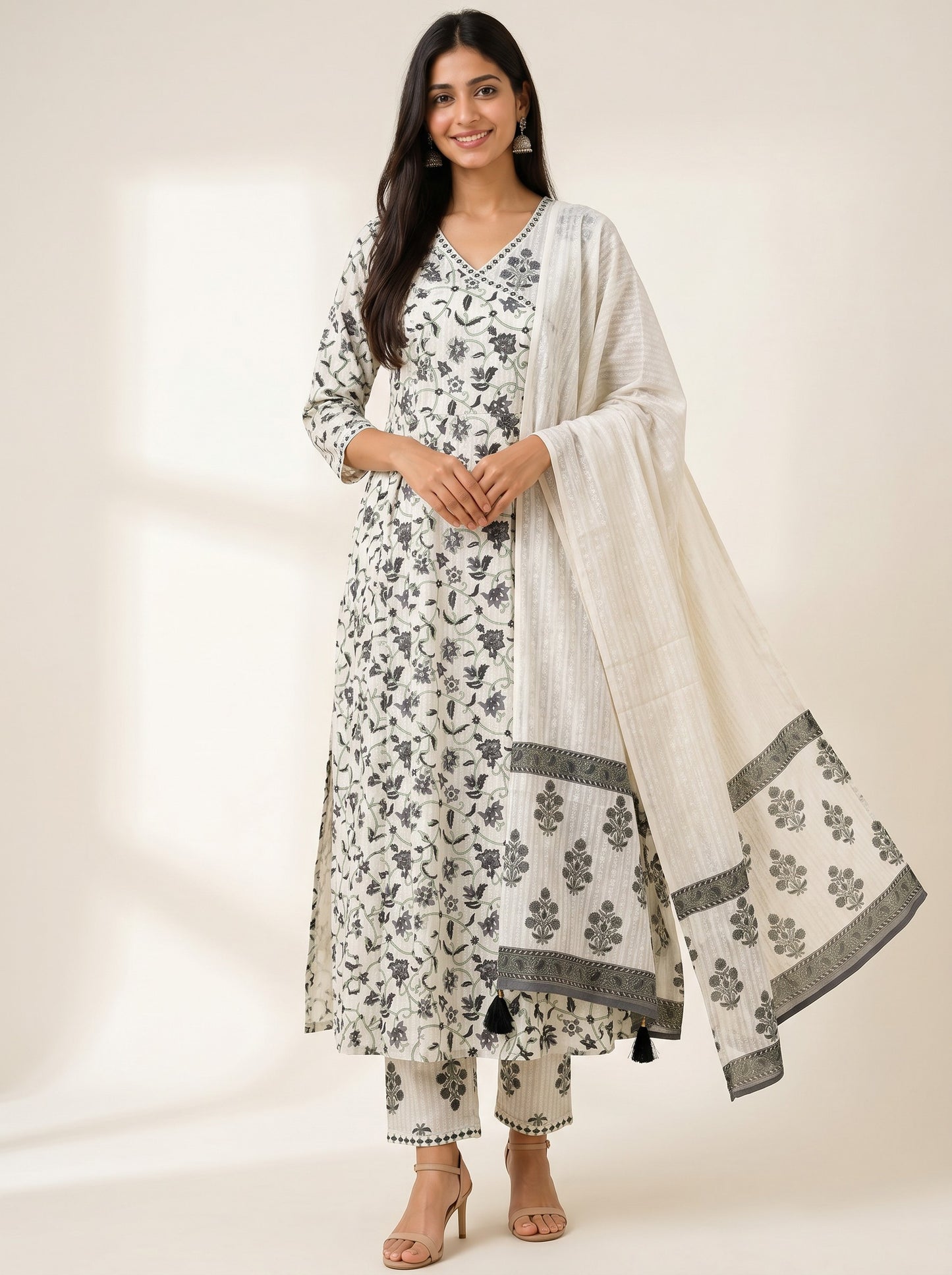 Ivory Noir Floral Couture Kurta Set with Handcrafted Tassels & Printed Dupatta