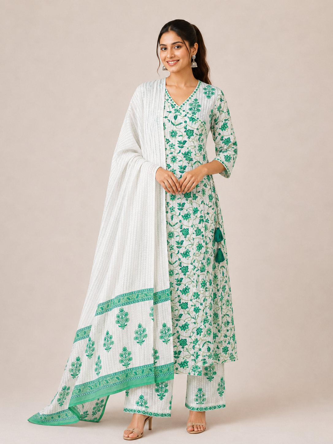 Emerald Noir Floral Kurta Palazzo Set with Dupatta