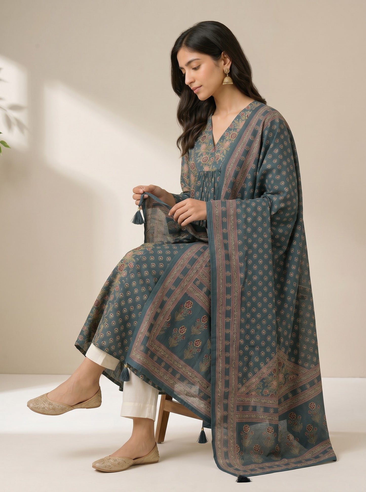 Teal Zariya Floral Anarkali Kurta Set with Printed Dupatta