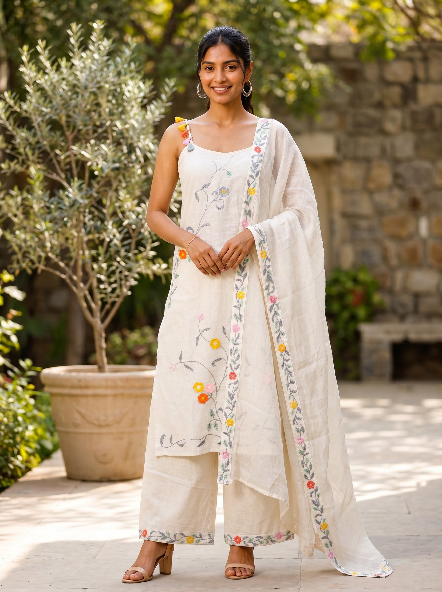Ivory Gulnaar Embroidered Kurta Palazzo Set with Dupatta