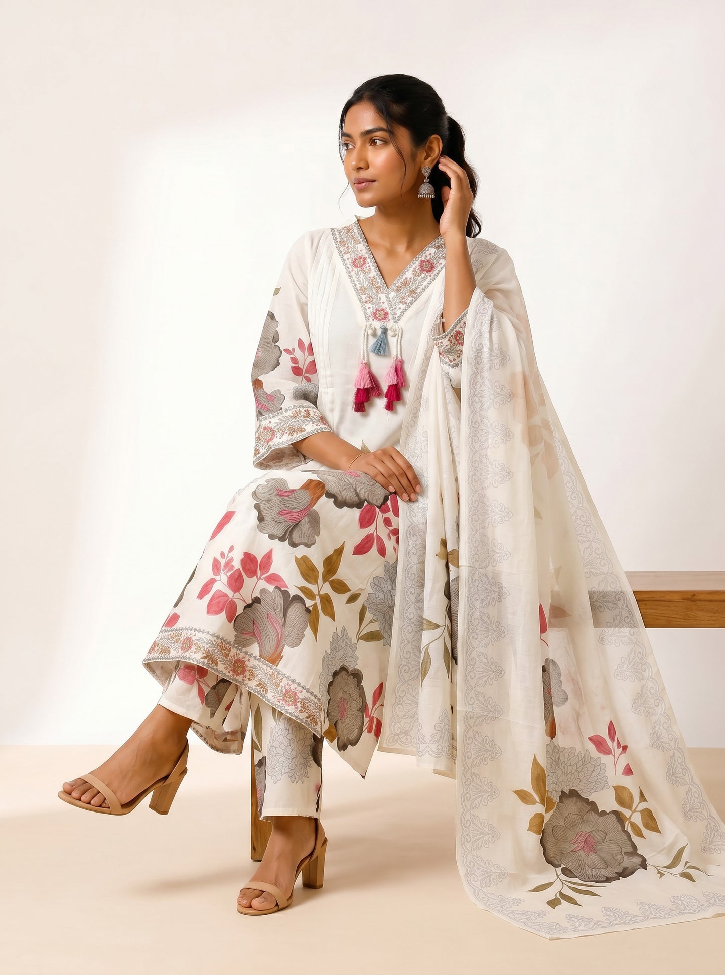 Ivory Roselle Floral Kurta Palazzo Set with Printed Dupatta