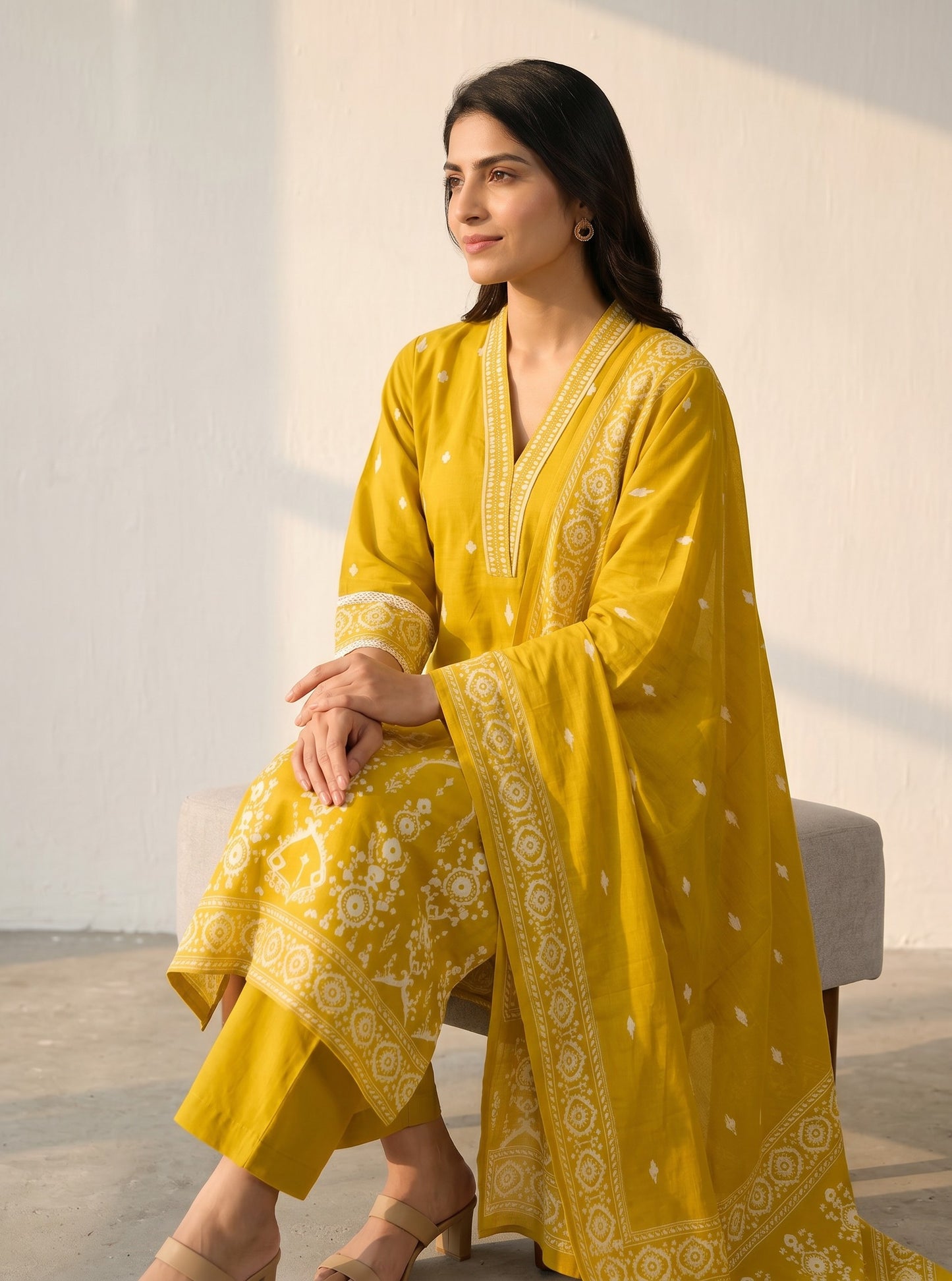 Mustard Noor Printed Kurta Palazzo Set with Dupatta