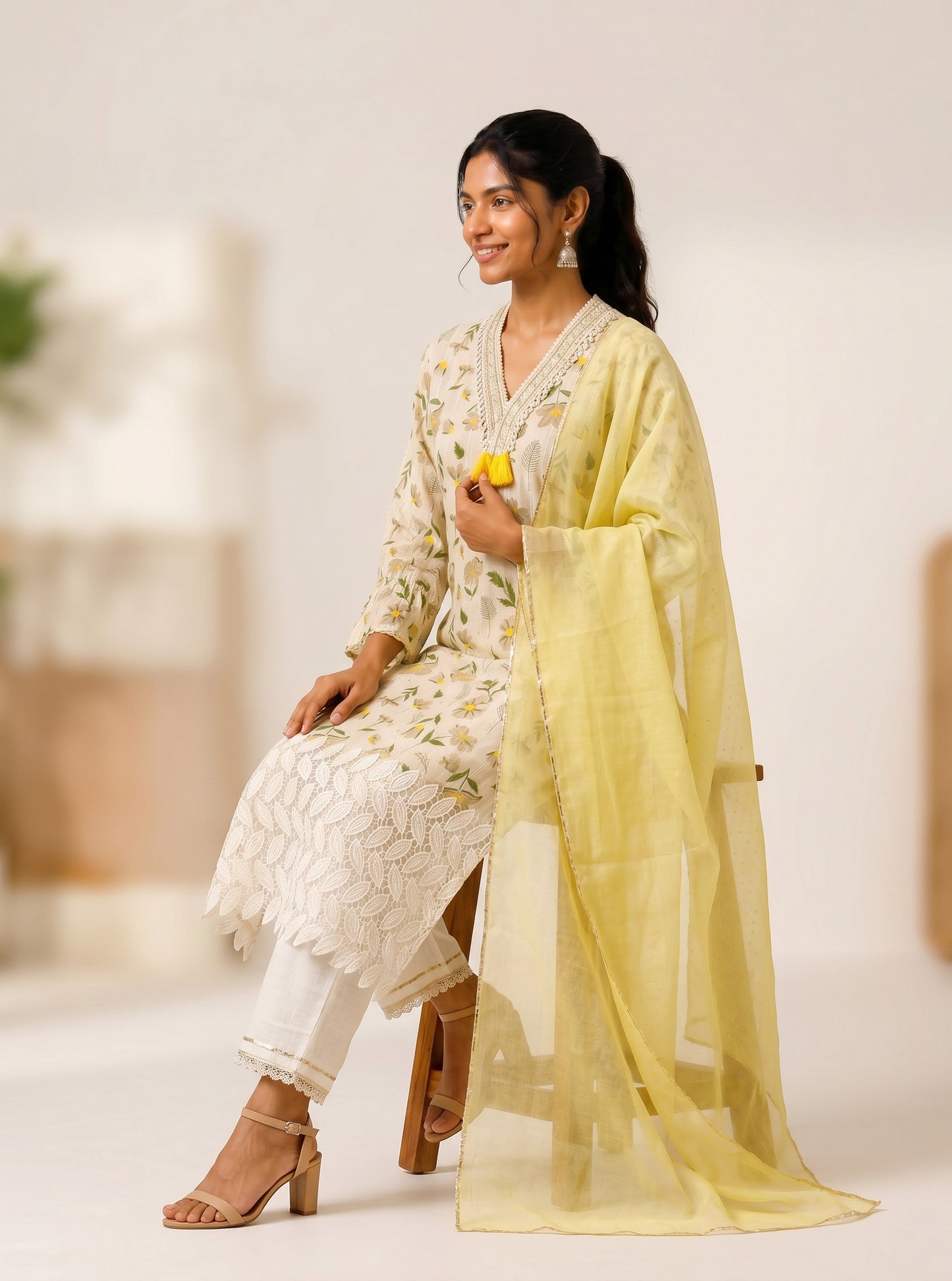 Zahra Noor Floral Kurta Pant Set with Chiffon Dupatta