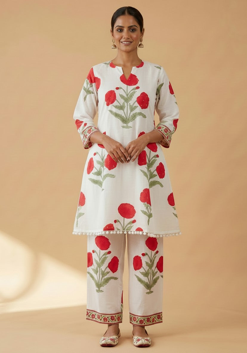 Crimson Bloom Ivory – Hand Block Printed Cotton Co-ord Set
