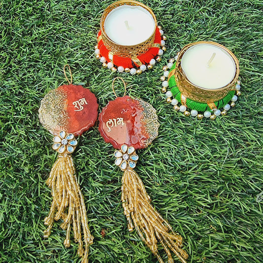 Resin Art Work Shubh Labh With 2 Tea Light Holders - Urban Roots