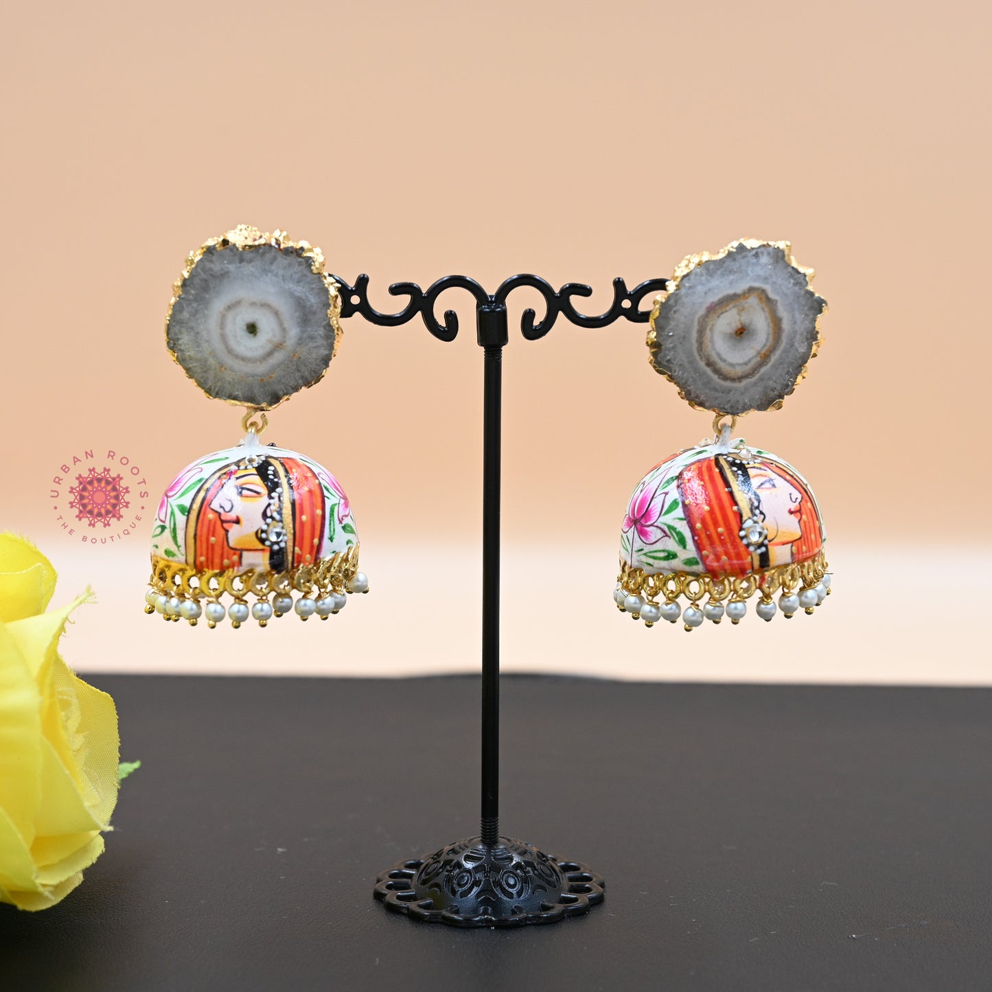 Hand Painted Mughal Design Agate Stone Jhumkas