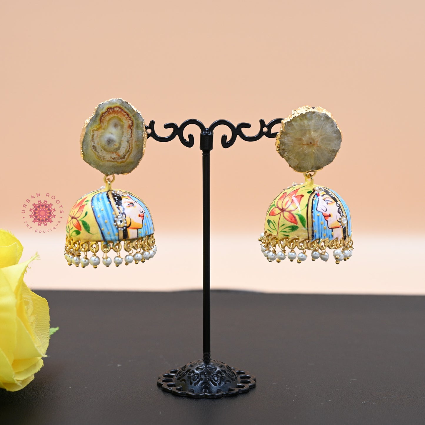 Hand Painted Mughal Design Agate Stone Jhumkas