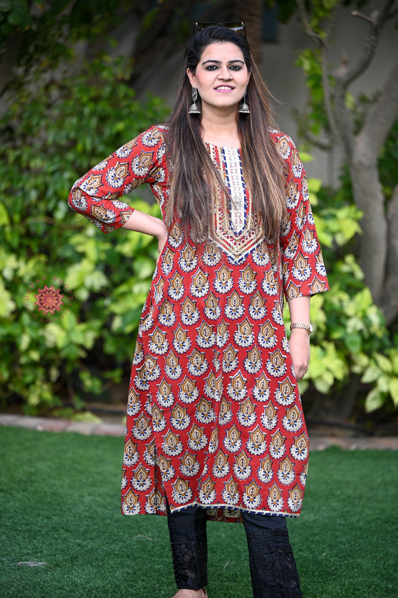 Block Printed Stitched Cotton Kurti With Gota / Lace Work