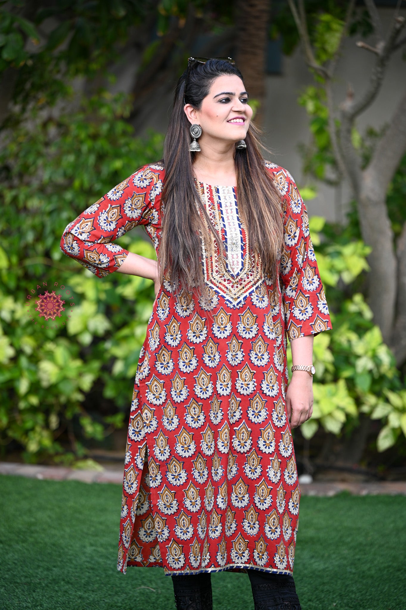 Block Printed Stitched Cotton Kurti With Gota / Lace Work