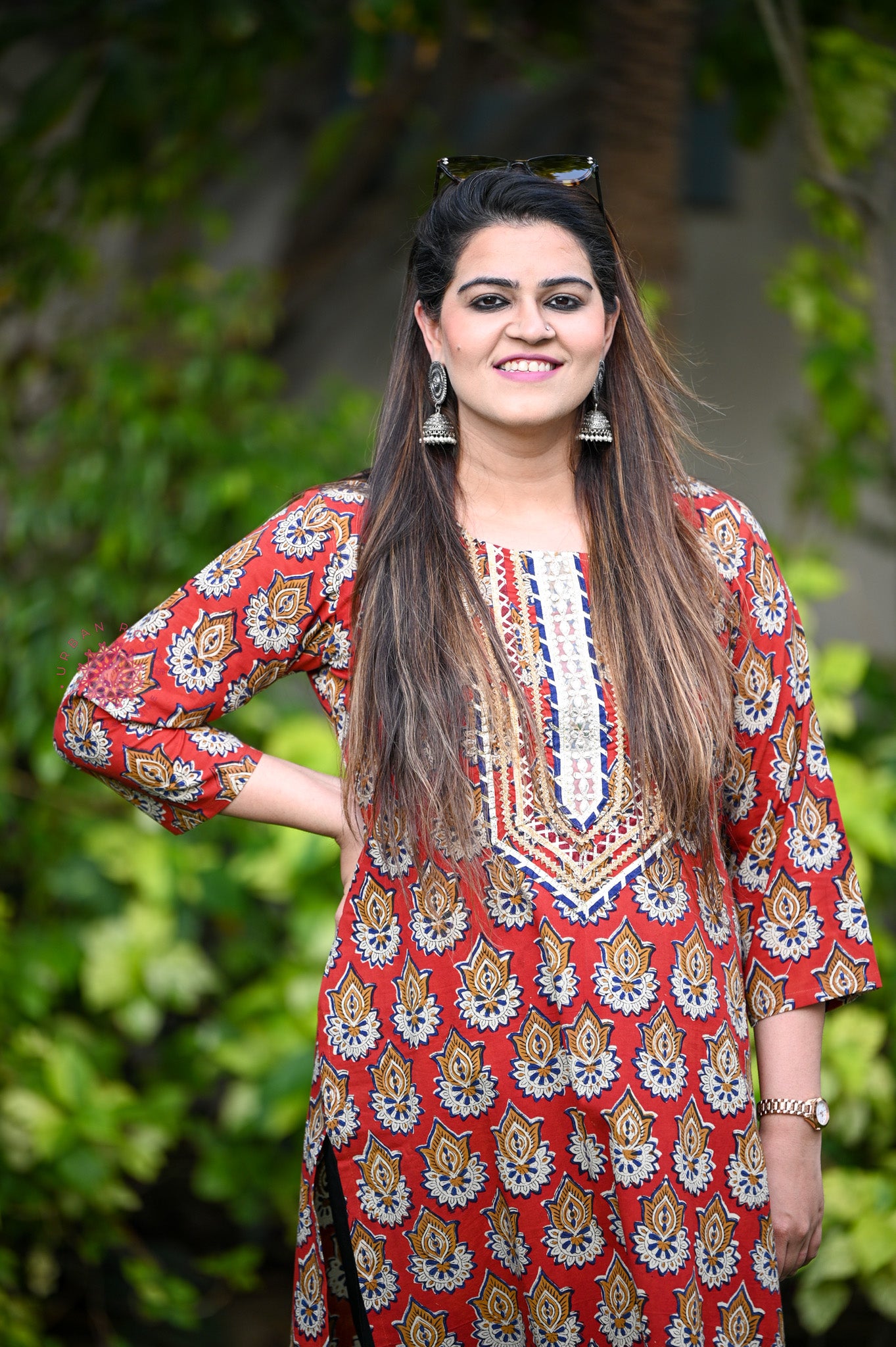 Block Printed Stitched Cotton Kurti With Gota / Lace Work