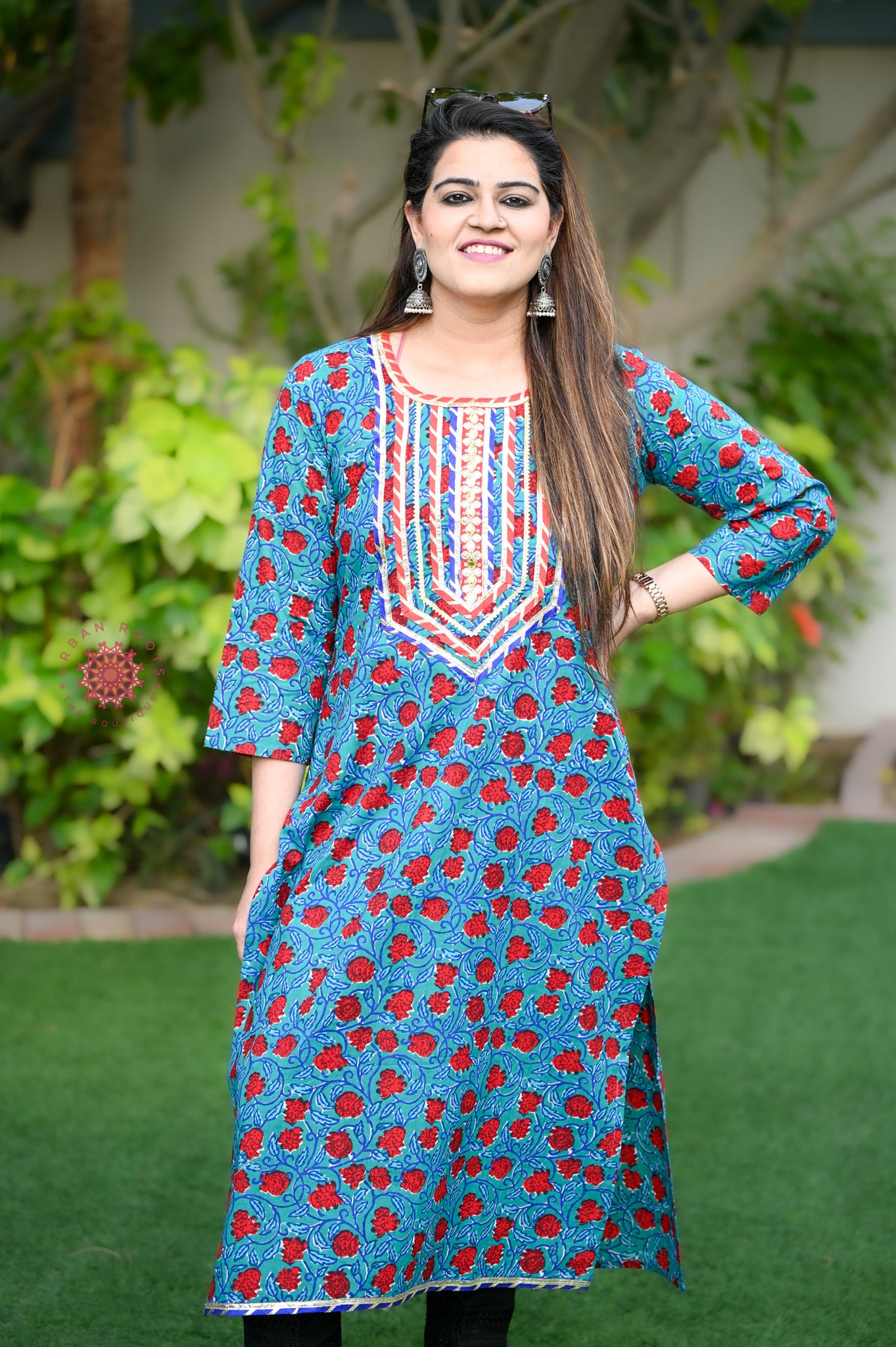Block Printed Stitched Cotton Kurti With Gota / Lace Work