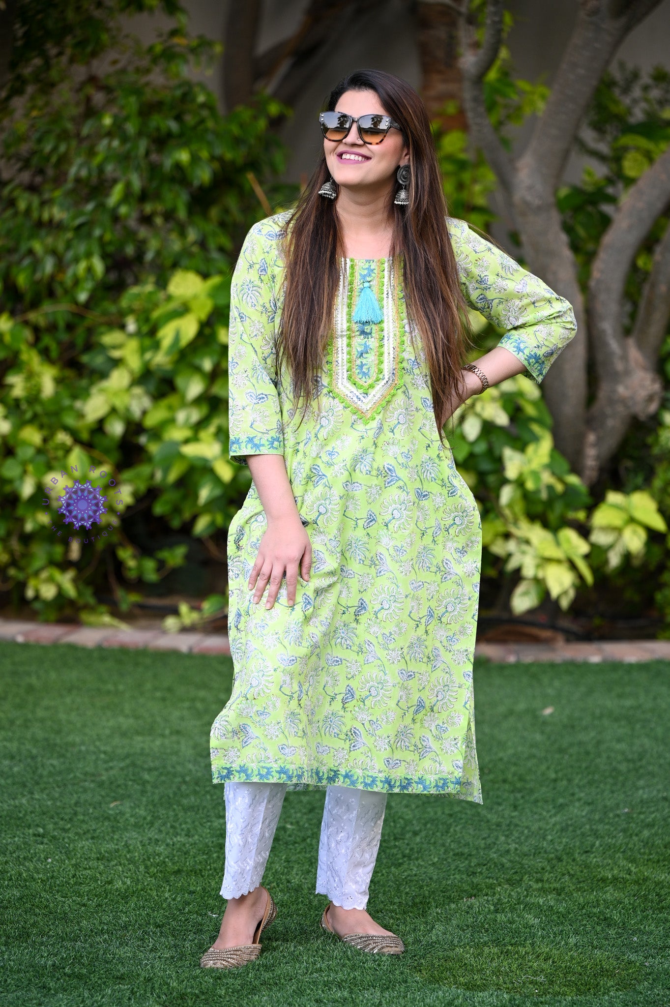 Block Printed Stitched Cotton Kurti With Gota / Lace Work