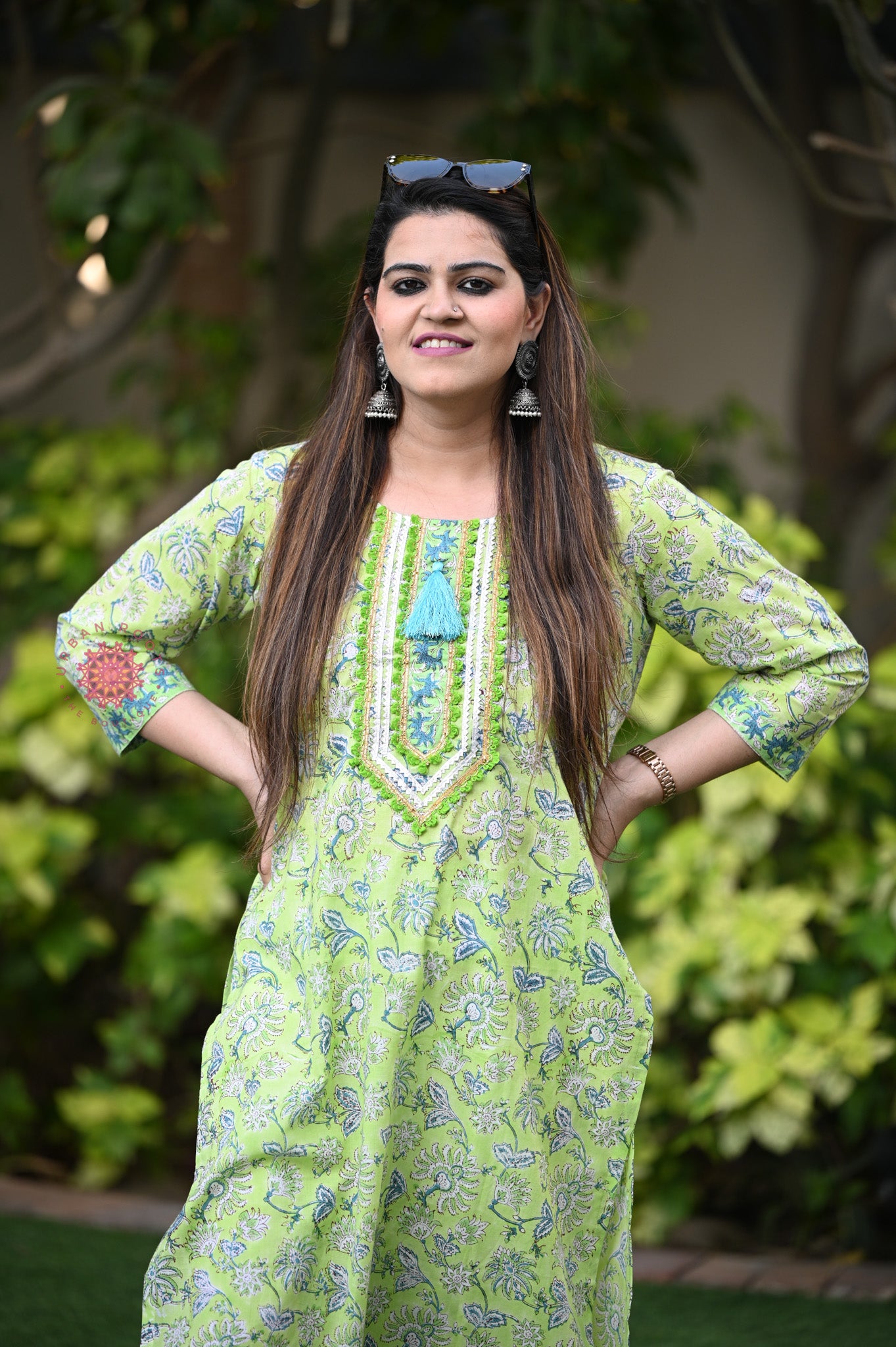 Block Printed Stitched Cotton Kurti With Gota / Lace Work
