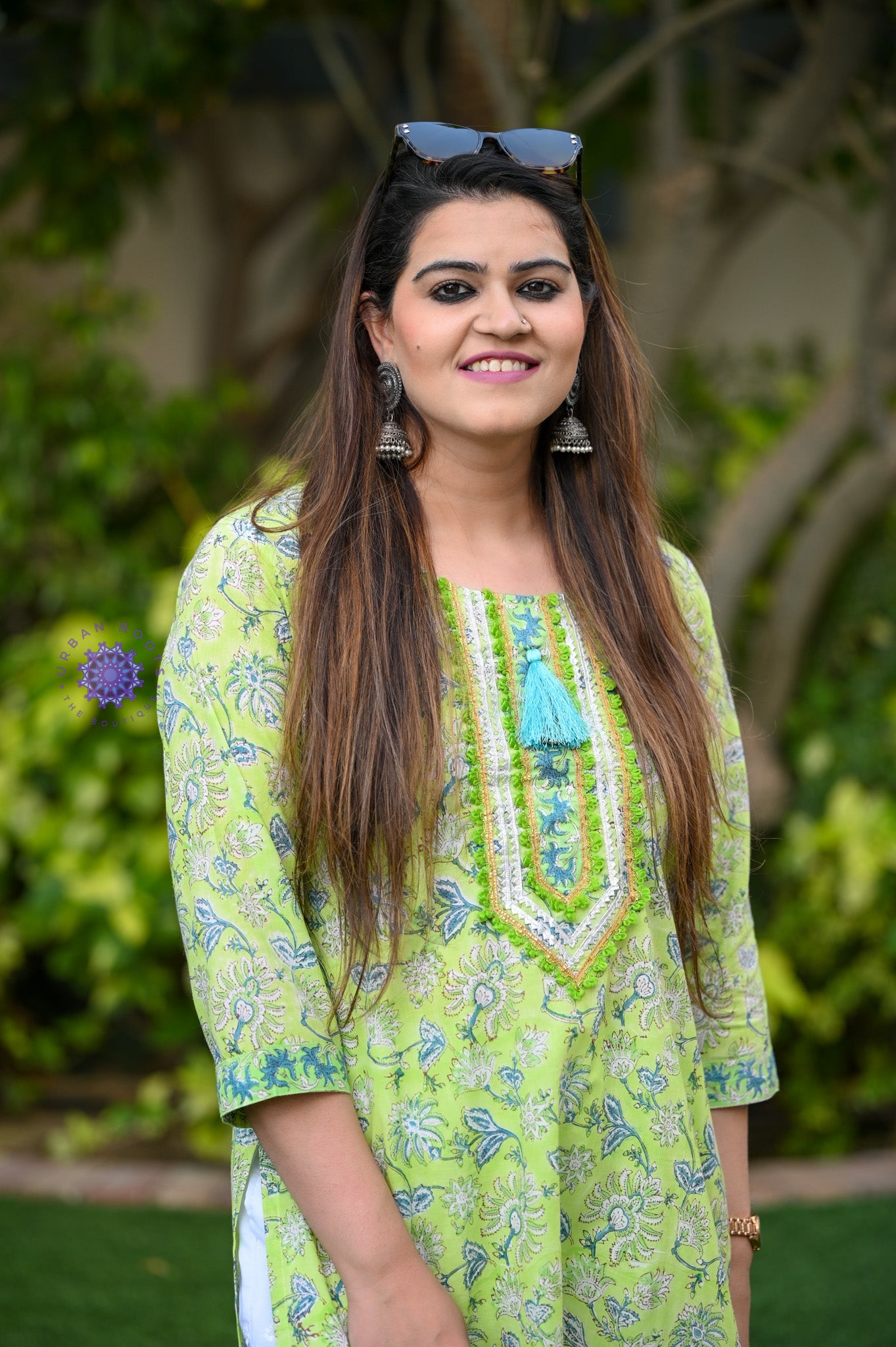 Block Printed Stitched Cotton Kurti With Gota / Lace Work