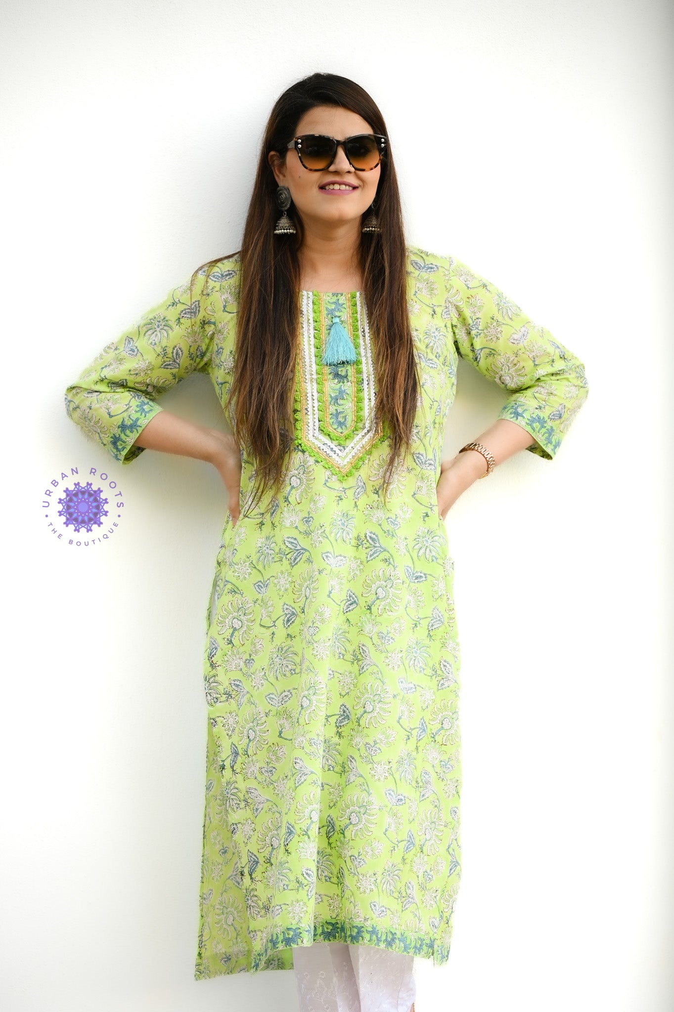 Block Printed Stitched Cotton Kurti With Gota / Lace Work