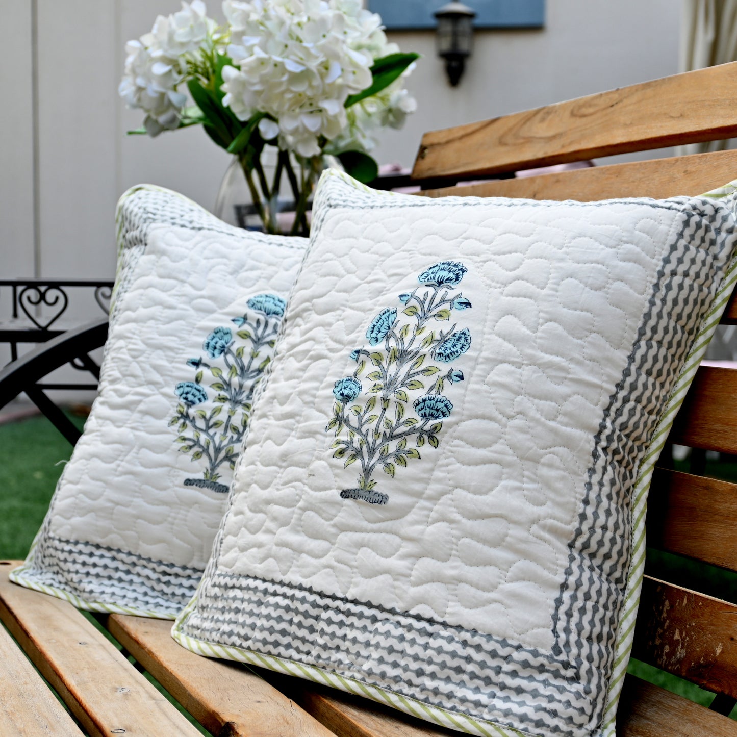 Quilted Hand Block Printed Cushion Cover (Set of 2) - Urban Roots
