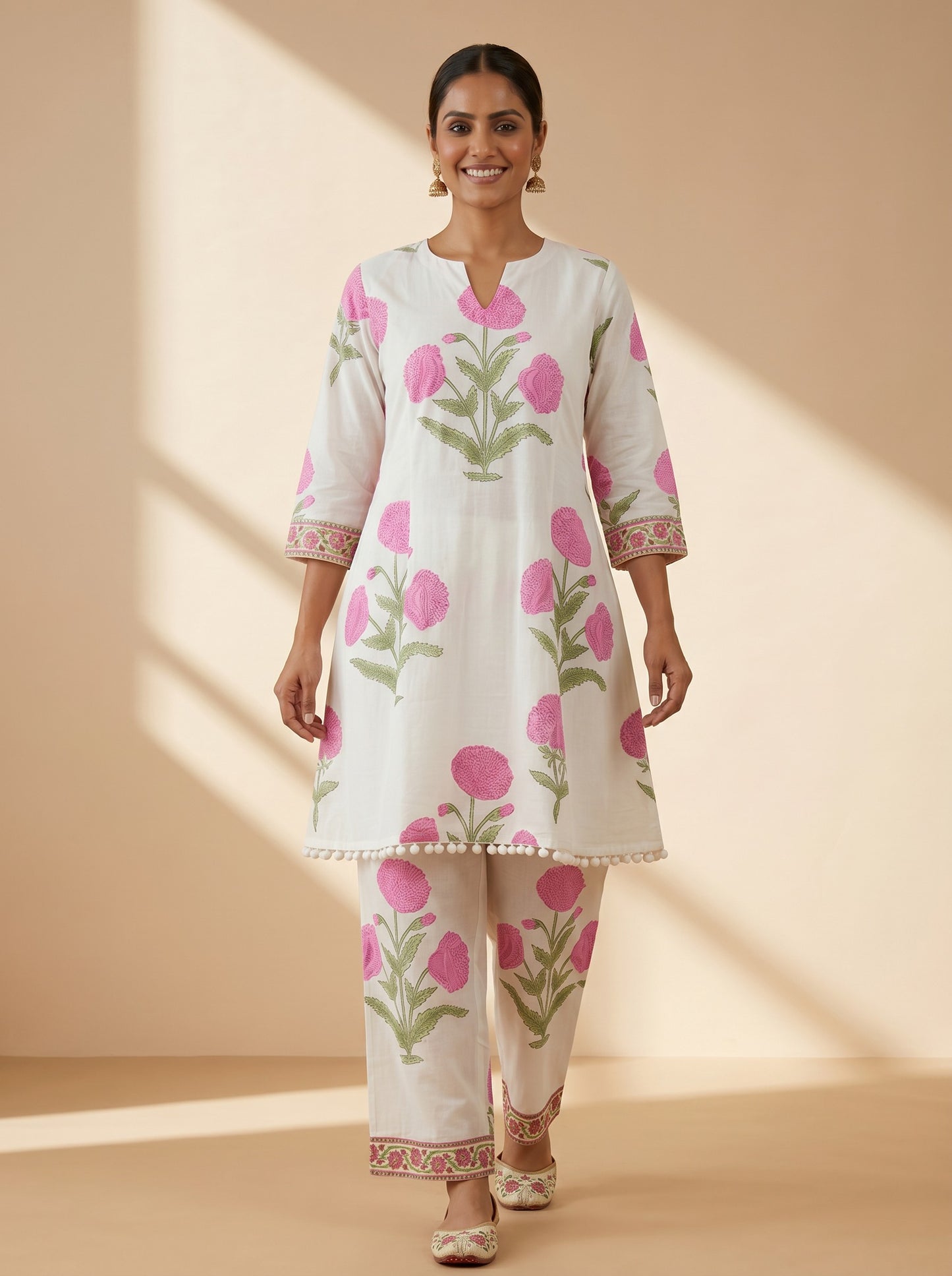 Pink Bloom Ivory – Hand Block Printed Cotton Co-ord Set