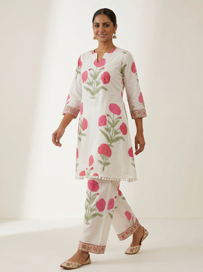 Pink Bloom Ivory – Hand Block Printed Cotton Co-ord Set