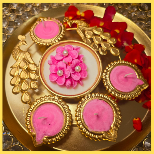 Peacock Urli Candle (Pink Flower)