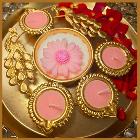 Peacock Urli Candle (Baby Pink Flower)