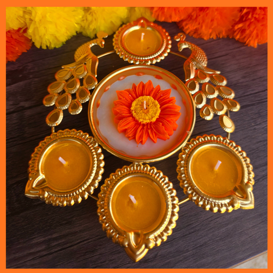 Peacock Urli Daisy Candle (Orange)