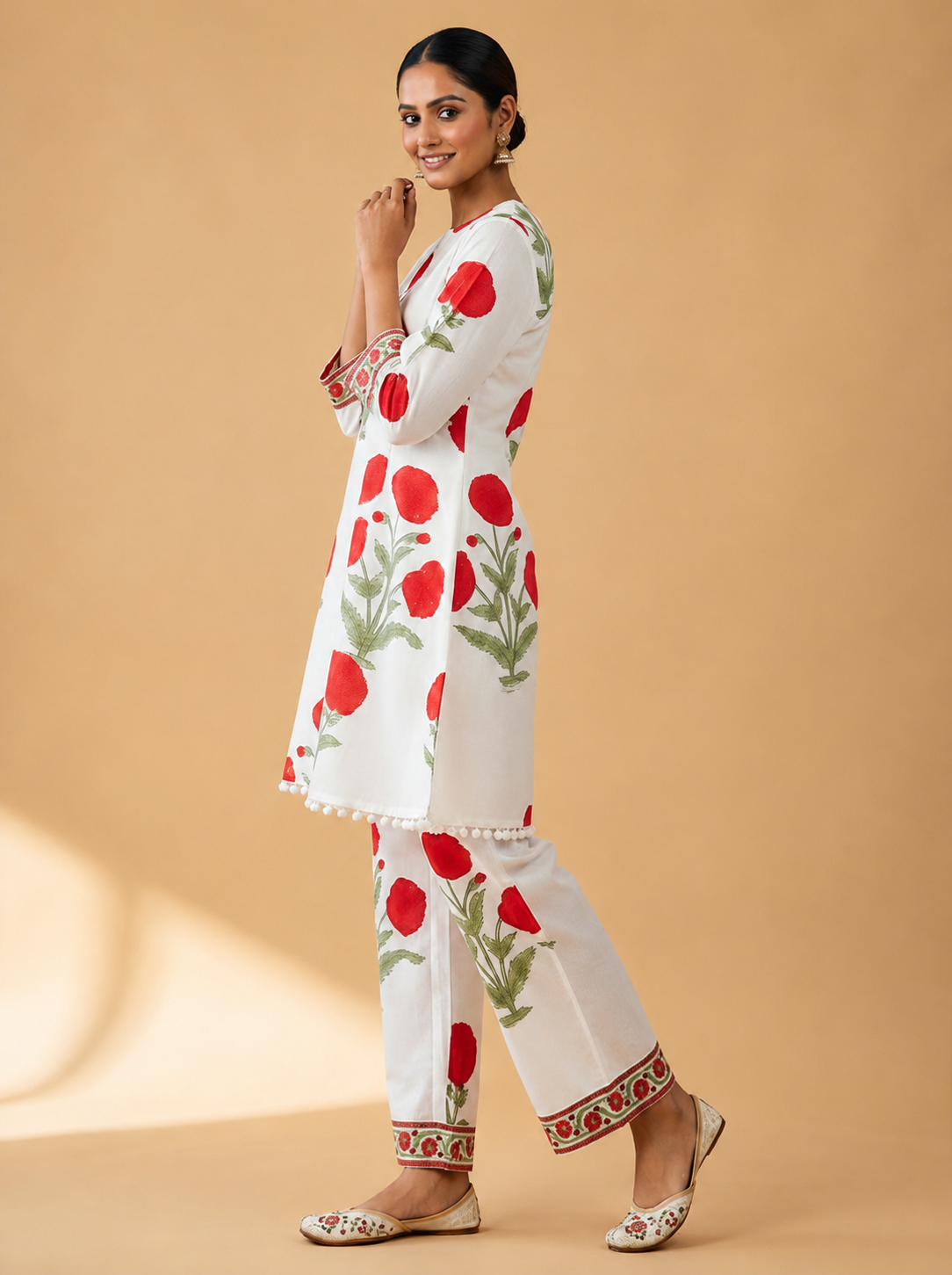 Crimson Bloom Ivory – Hand Block Printed Cotton Co-ord Set