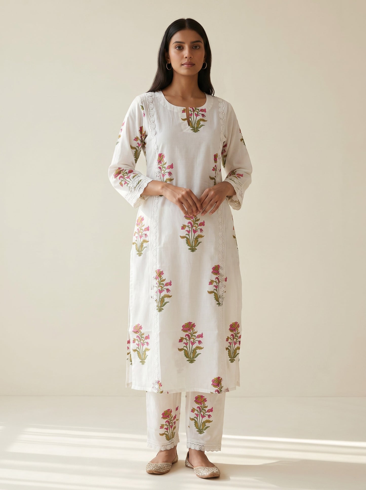 Gulnaar Rose Ivory Handblock Kurta Set
