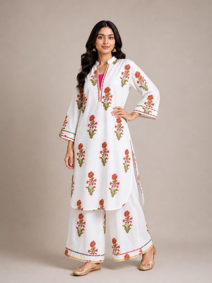 Gulrukh Ivory Handblock Kurta Palazzo Set