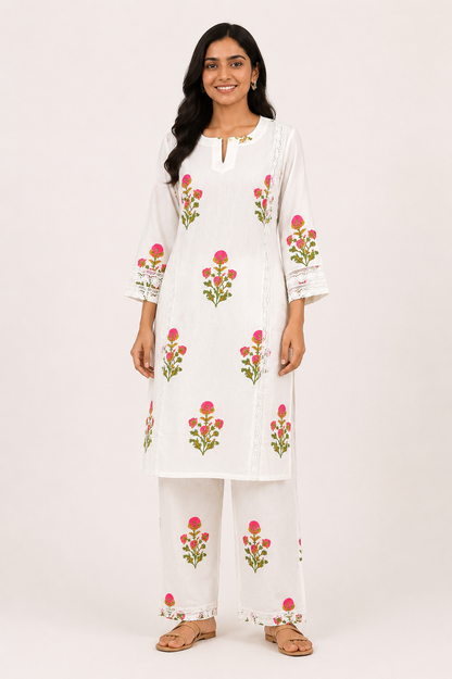Gulnoor Ivory Handblock Kurta Set