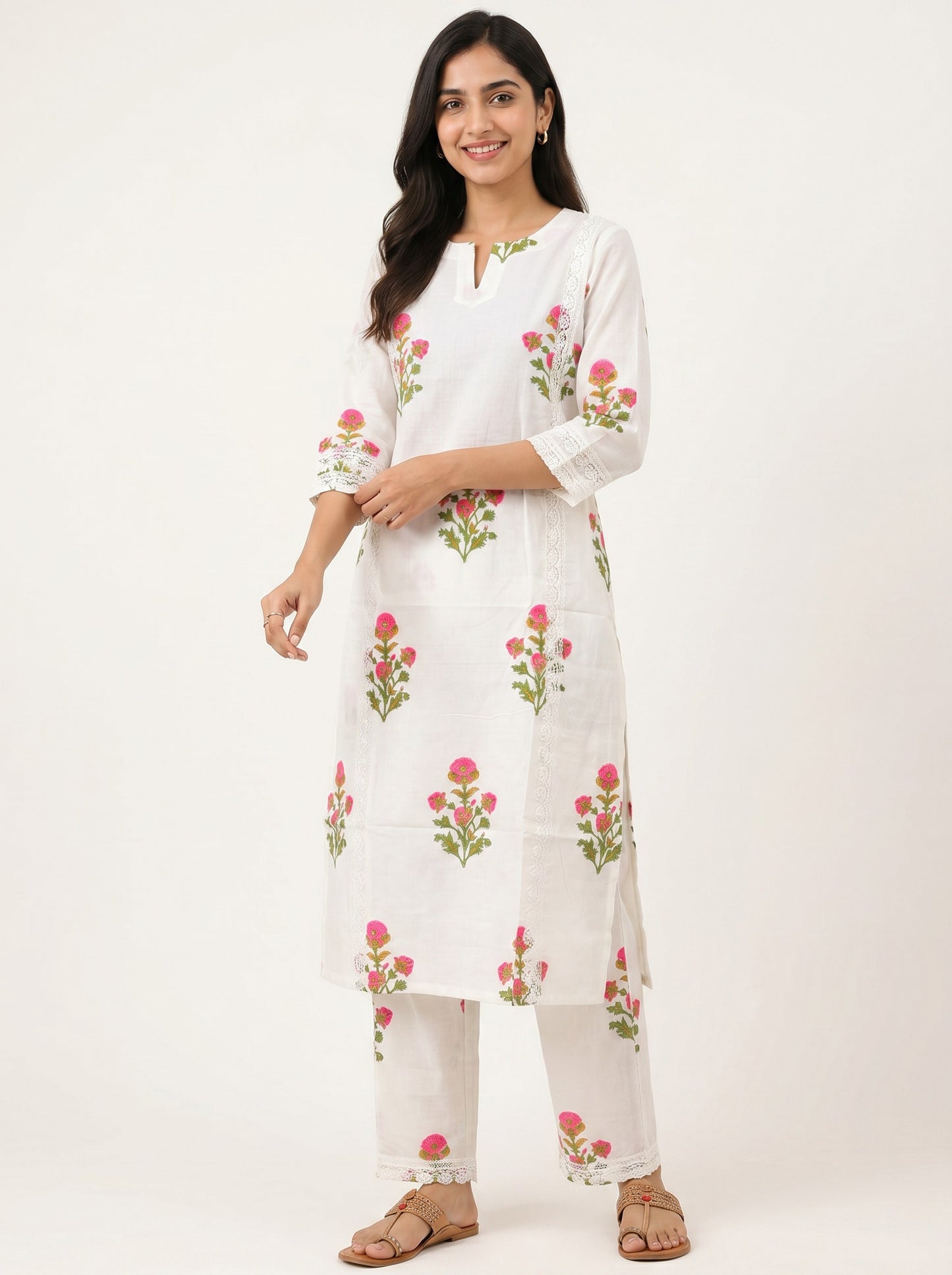 Gulnoor Ivory Handblock Kurta Set
