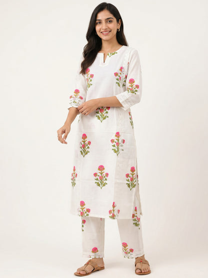 Gulnoor Ivory Handblock Kurta Set