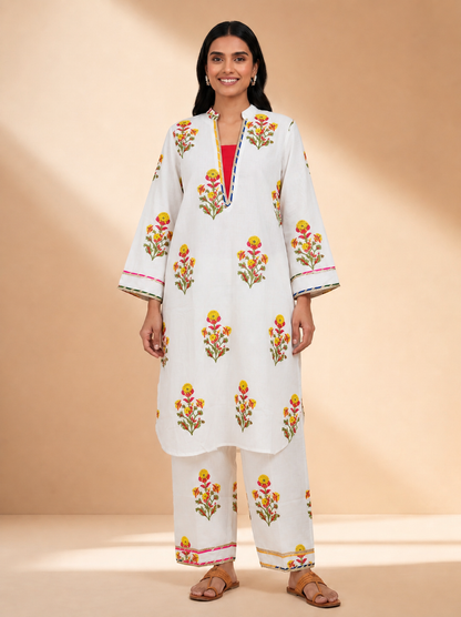 Gulbahaar Ivory Handblock Kurta Palazzo Set