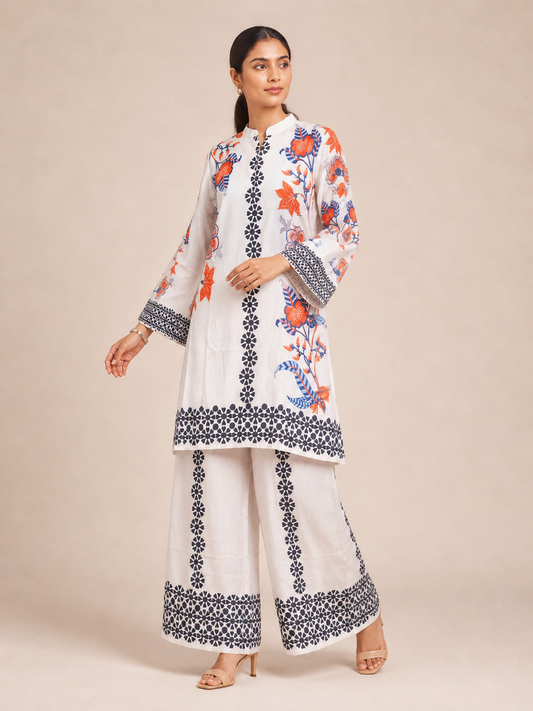 Zariya Floral Satin Kurta & Palazzo Set