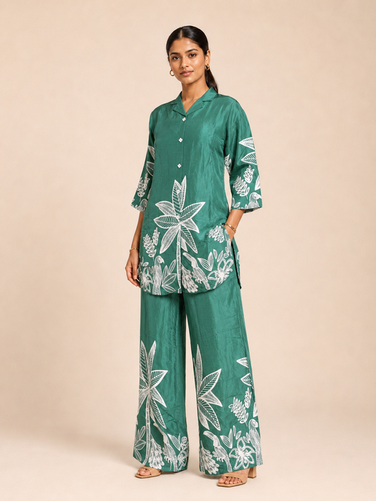 Emerald Palm Satin Kurta & Palazzo Set