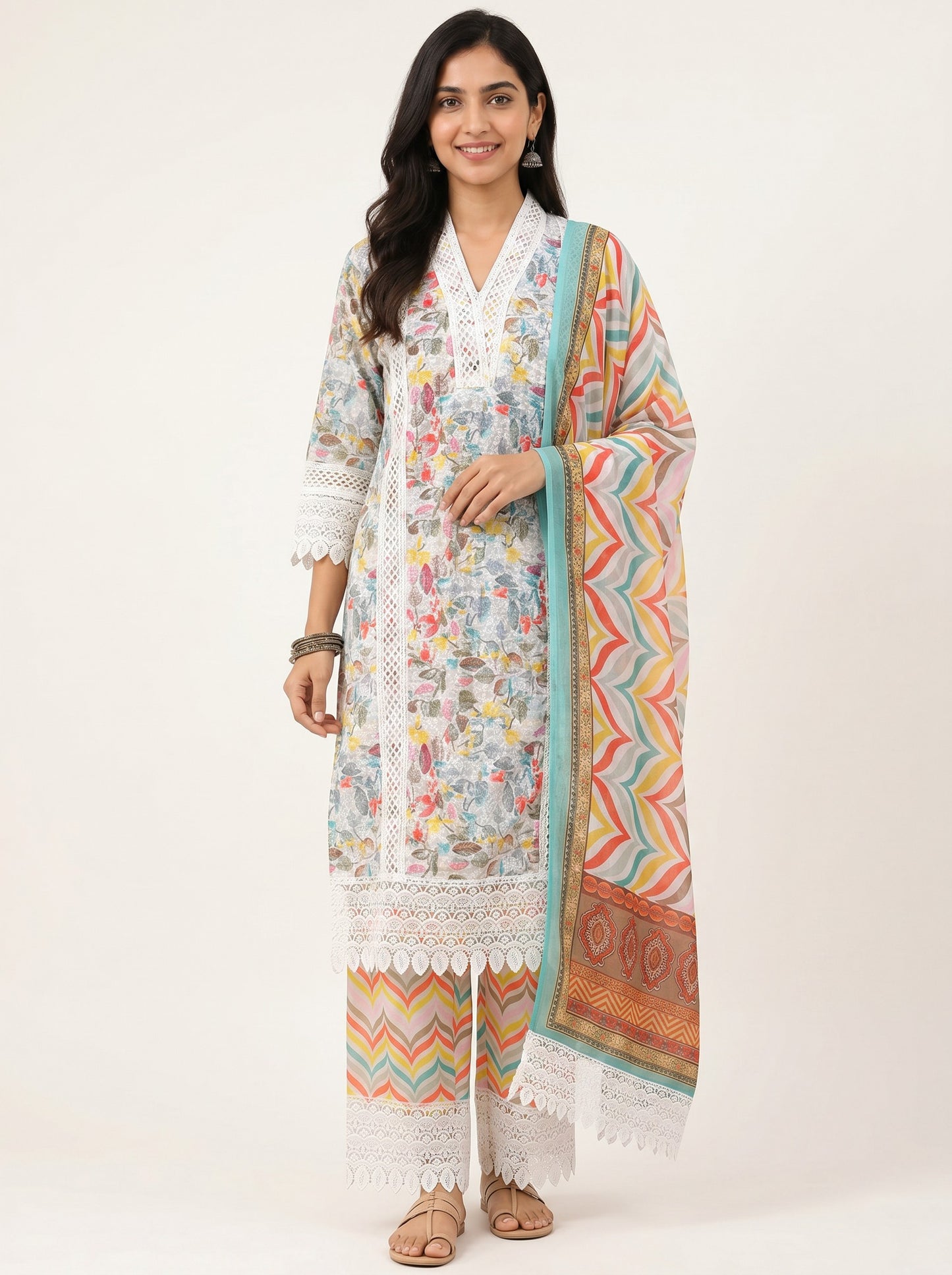 Pastel Bloom Lace Kurta Set with Chevron Dupatta