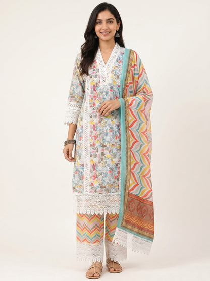 Pastel Bloom Lace Kurta Set with Chevron Dupatta