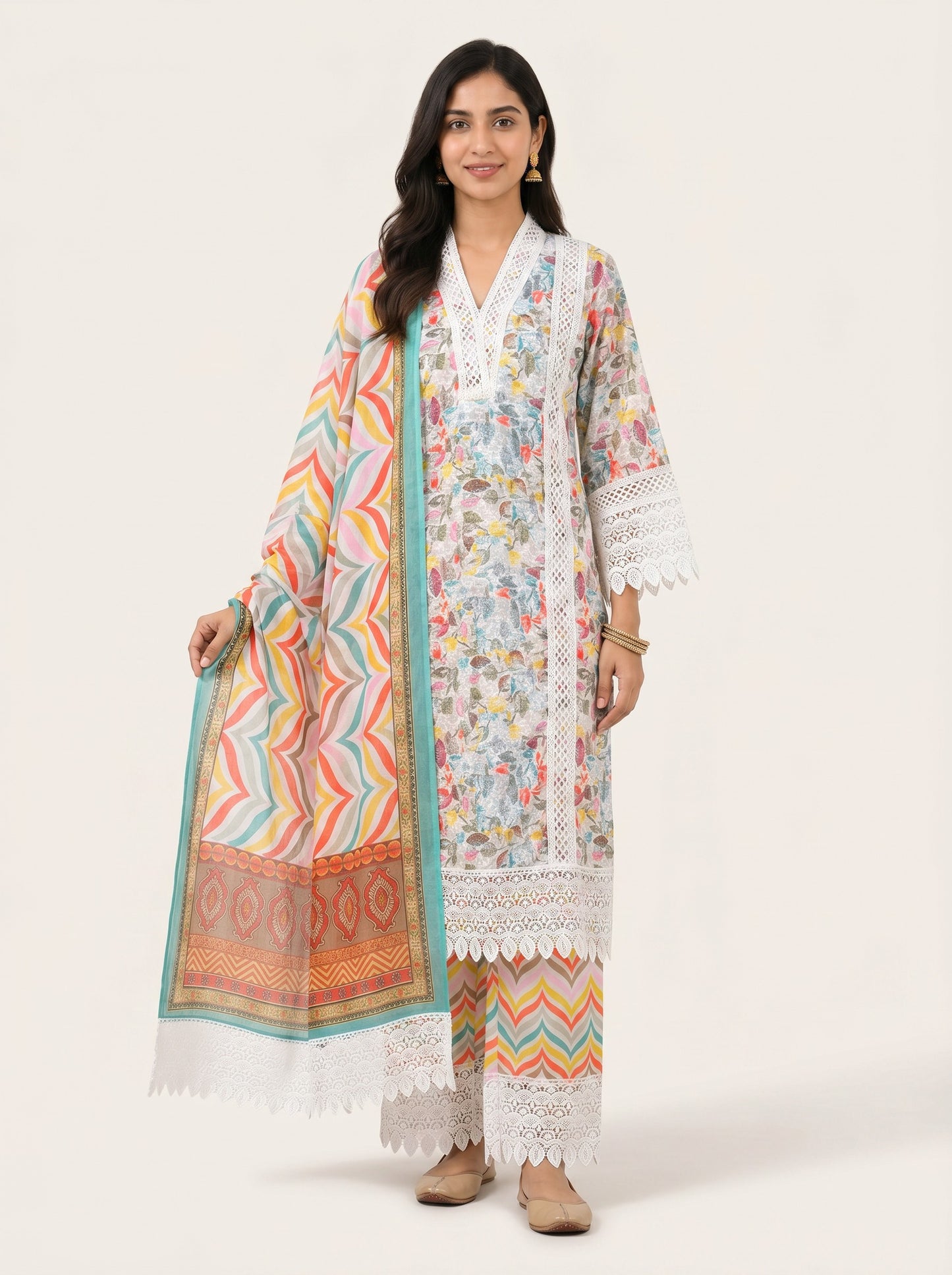 Pastel Bloom Lace Kurta Set with Chevron Dupatta