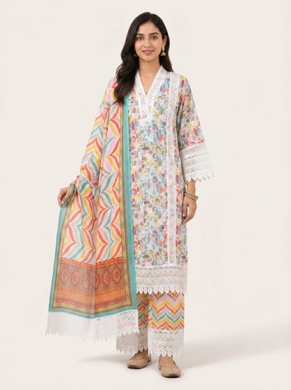 Pastel Bloom Lace Kurta Set with Chevron Dupatta
