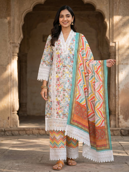 Pastel Bloom Lace Kurta Set with Chevron Dupatta