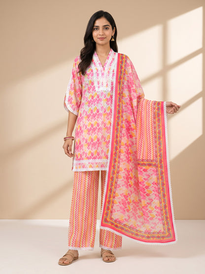 Blush Chevron Lace Kurta Set with Printed Dupatta