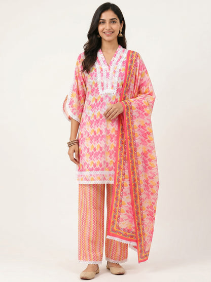 Blush Chevron Lace Kurta Set with Printed Dupatta